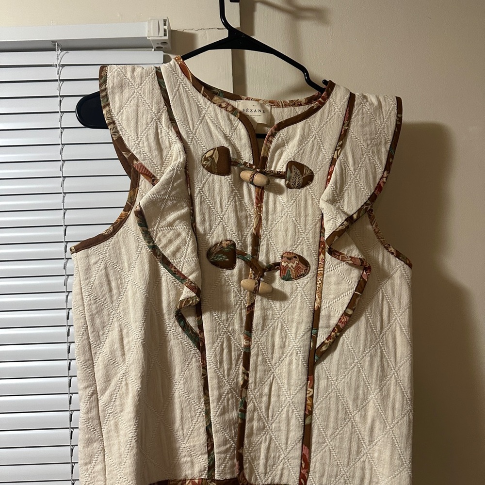 Sezane Cream Sleeveless Top with Patterned Trim